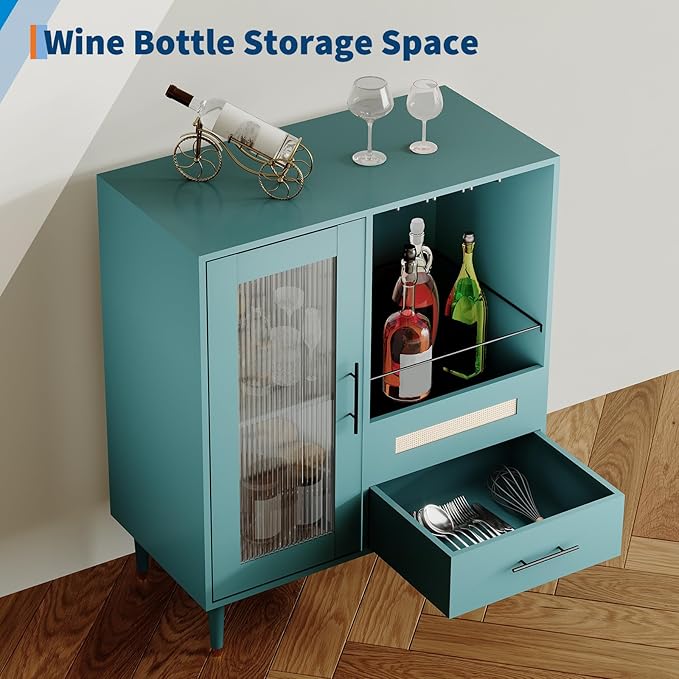 Garvee Wine Bar Cabinet with Tempered Glass Door & Rack, 30.7" Freestanding Modern Buffet Sideboard for Dining Room, Kitchen Coffee Bar & Liquor Storage Cabinet with Drawers and Glass Holder
