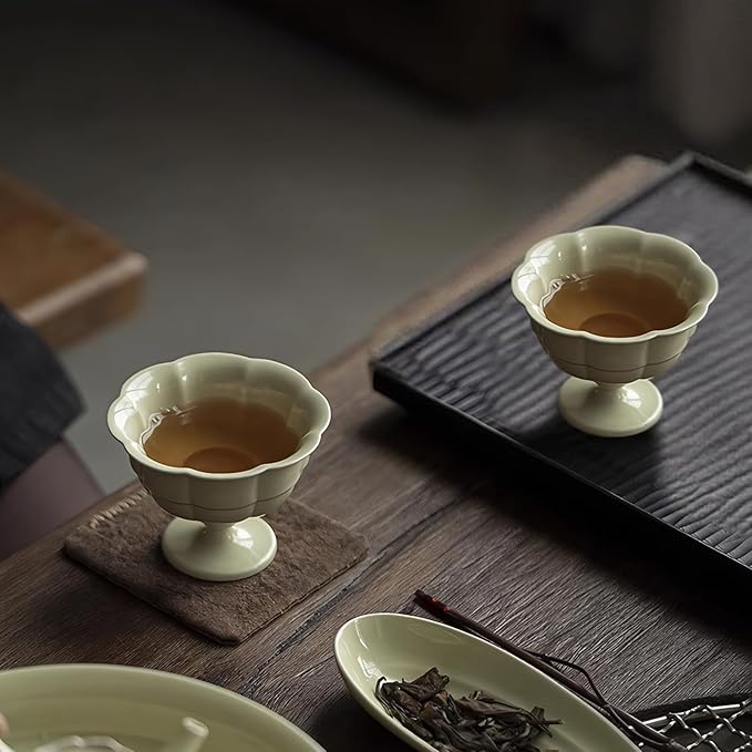 KAMMAK Tea Cup,3oz Small Tea Cups Set of 2, Reed Green Porcelain Tea Cups with Short Handle, Ceramic Teacups Set for Tea Party, Home Chinese Kungfu Tea Set for Hot/Cold Drink