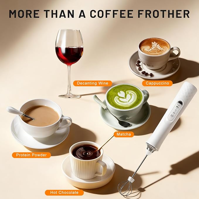 Milk Frother with Variable Speed, Rechargeable Coffee Frother Wand with Detachable Double Whisk, 3 Speed Adjustable Drink Mixer for Coffee, Lattes, Protein Shakes, Matcha, Egg
