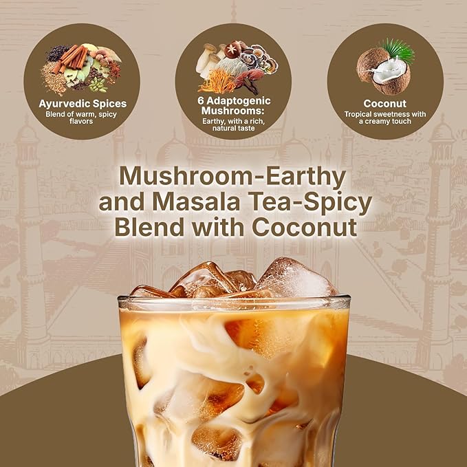 Veltracha Mushroom Chai Tea, Instant Decaf Chai Tea Powder with 6 Adaptogenic Mushrooms, Spiced Chai Latte for Energy & Focus Support, 6.35 oz 20 Servings (Natural Coconut)
