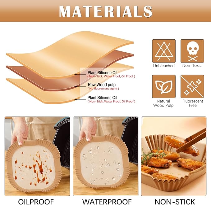 Air Fryer Liners Disposable 7.9” Square Airfryer Liners, 100 Pcs Air Fryer Parchment Paper Liners, Non-Stick airfryer paper liners, Air Fryer Cheat Sheet Magnets Over 200 Foods (Air Fryer Accessories)