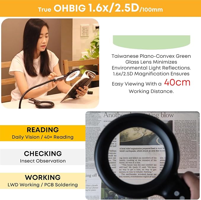 HWATANG OHBIG x MADWORKS 1.6X/2.5D/100mm Dimming Toning LED Magnifying Glass - Green Glass Lens, Daily Vision, Insect Observation, Soldering, Ra 94 Ring Light, 40+ Reading Magnifier (Handheld)