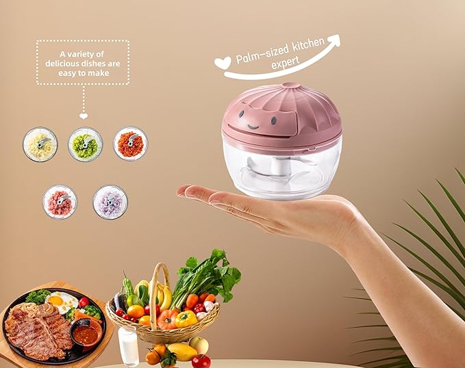 Manual Food Processor Vegetable Chopper, Mini Hand Pull String Garlic Chopper Onion Cutter for Veggies, Ginger, Fruits, Nuts, Avocado, garlic etc., Food Safe Material, 160ml (pink)