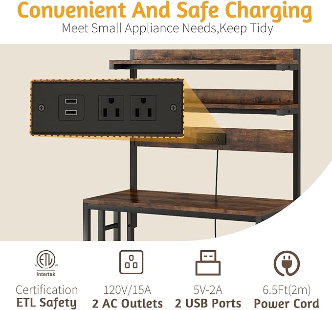 Adjustable Bakers Rack with Power Outlet,Coffee Bar Station with Led Lights,Microwave Stand with Storage,5-Tier Kitchen Shelf,Kitchen Storage Rack for Spices, Pots and Pans,Rustic Brown