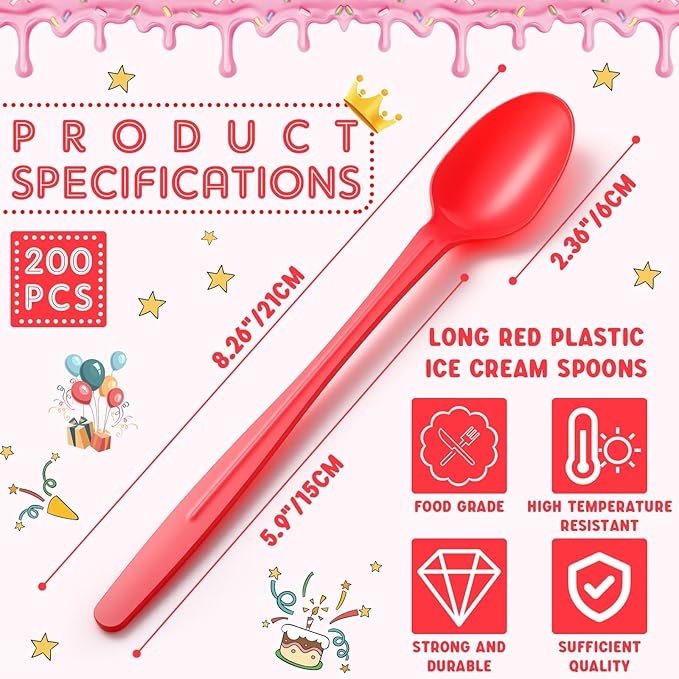 200 Pcs Extra Long Spoons for Ice Cream Floats Plastic Sundae Spoons Bulk 8 Inch Long Handle Spoon Heavy Duty for Ice Cream Milkshakes Tea Cocktails Root Beer Float and Tall Beverages (Red)