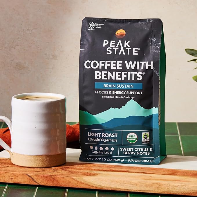 Peak State BRAIN SUSTAIN Coffee - Dark Roast - Whole Bean Lion's Mane Mushroom Coffee - Mold Free, Mycotoxin Free, Organic, Non-GMO, Low Acid (12 oz, Whole Bean)