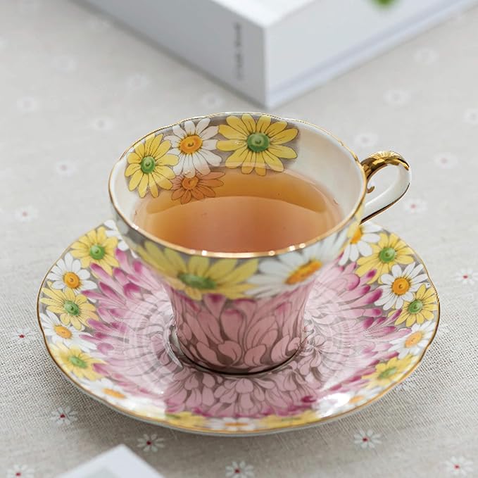 Aynsley Daisy Corset Fine Bone China Teacup and Saucer Set - 5.07oz Hand-Painted Gold-Trimmed Corset-Shape Set, Fancy Gift for Birthdays/Mother’s Day/Tea Lovers (Pink)