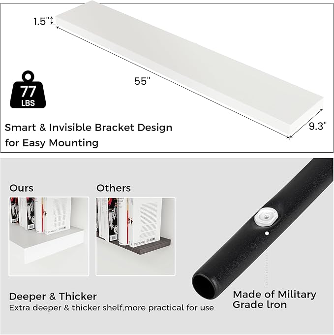 Floating Shelves for Wall, Engineered Wood Wall Shelves with Invisible Brackets for Living Room Bedroom Bathroom Office Kitchen Decor and Storage (White, 55" W x 9" D x 1.5" H) Set of 1