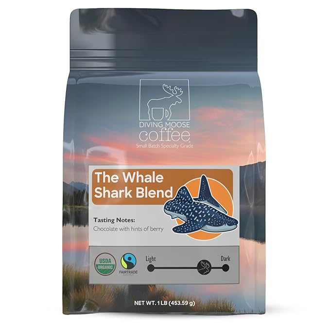 Diving Moose Coffee - The Whale Shark Blend USDA Organic Medium Dark Roast (16oz / 1 LB) - Chocolate Berries Specialty Grade Small-Batch Roasted to Order Smooth Not Bitter