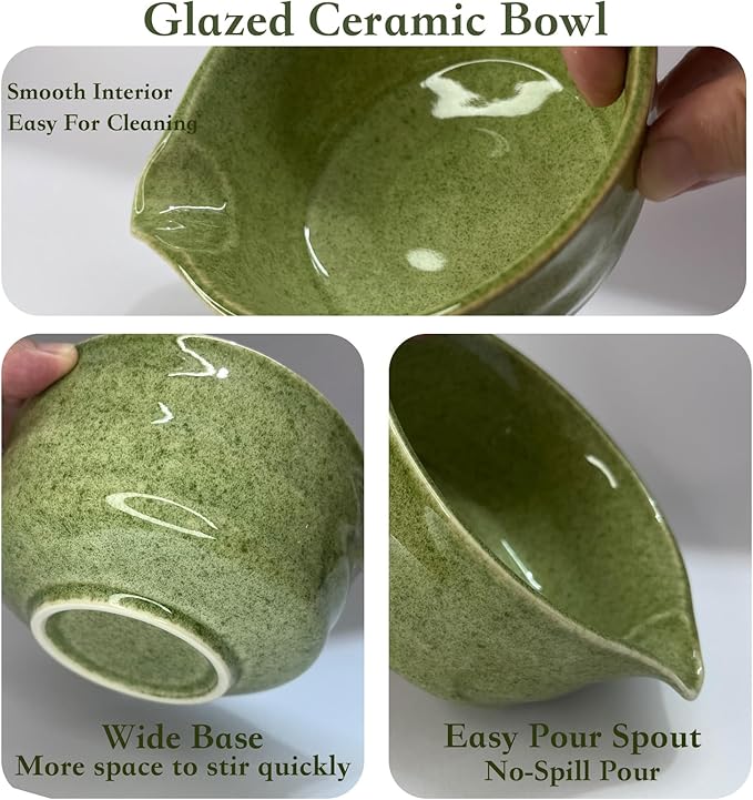5-PCS Japanese Matcha Tea Set - Ceramic Bowl with Spout & Holder, Bamboo Whisk (Chasen), Scoop, Sifter - Complete Traditional Tea Ceremony Kit for Beginners, Gift for Tea Lovers (Light green)