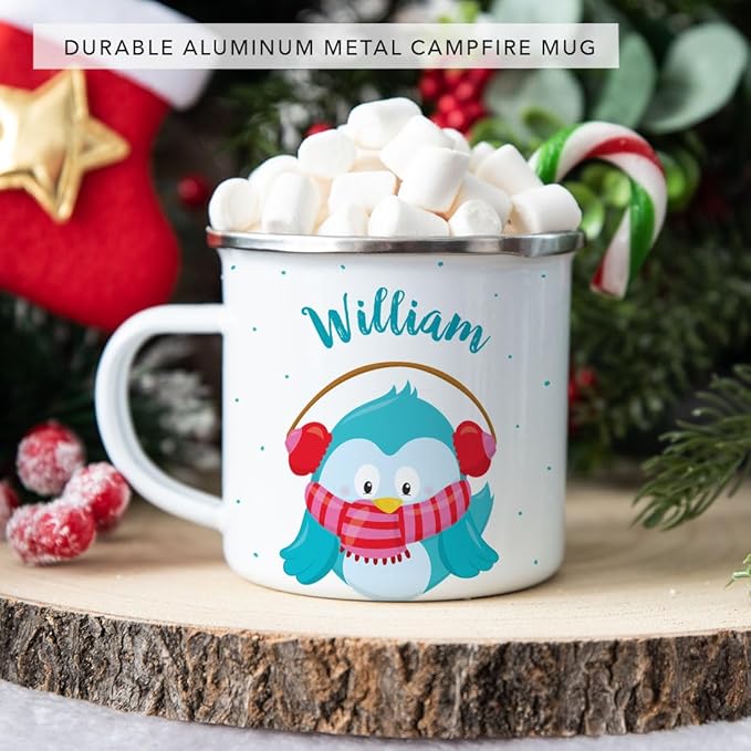 Andaz Press Personalized Name 11oz. Kids Christmas Hot Chocolate Stainless Steel Campfire Coffee Mug, Festive Blue Owl, 1-Pack, Custom Birthday Xmas Cup Hot Chocolate Mugs For Kids Christmas Mugs