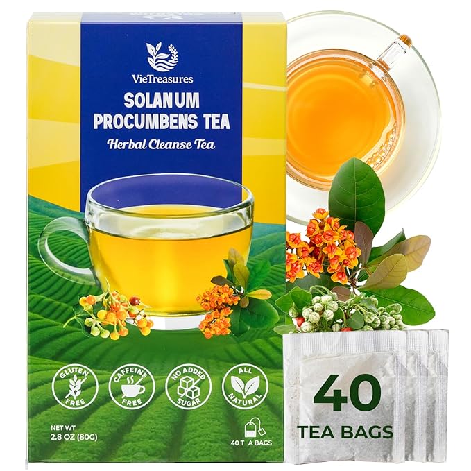 VieTreasures Solanum Procumbens Tea - 40 Tea Bags | With Celastrus and Stevia Blend | Herbal Cleanse Tea for Relax, Energy & Inner Health Support | Caffeine-free, Gluten-free, Sugar-free, 2.8oz