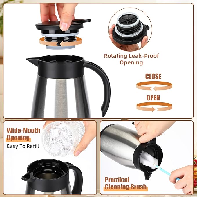 Uiifan 2 Pcs 34 Oz Thermal Coffee Carafe Stainless Steel Insulated Vacuum Coffee Carafes Double Walled Vacuum Thermal Pot Flask with Brushes for Keeping Cold Hot Tea Water Milk Home Office (Silver)