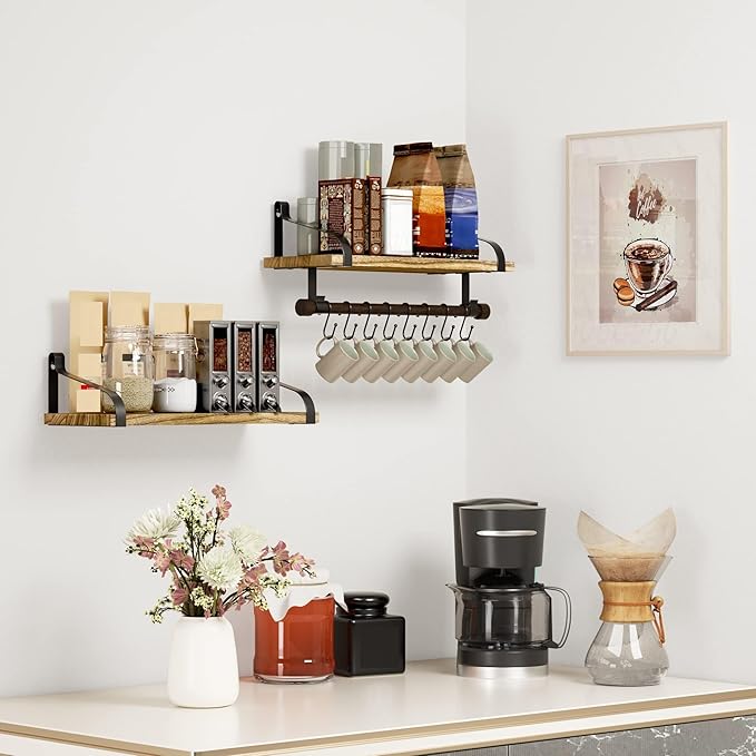 Love-KANKEI Floating Shelves Wall Mounted Set of 2, L17.3 x W7.3 Inch Storage Shelves with Wood Bar and 8 Removable Hooks for Kitchen, Coffee Bar,Bathroom, Bedroom, Living Room Carbonized Black