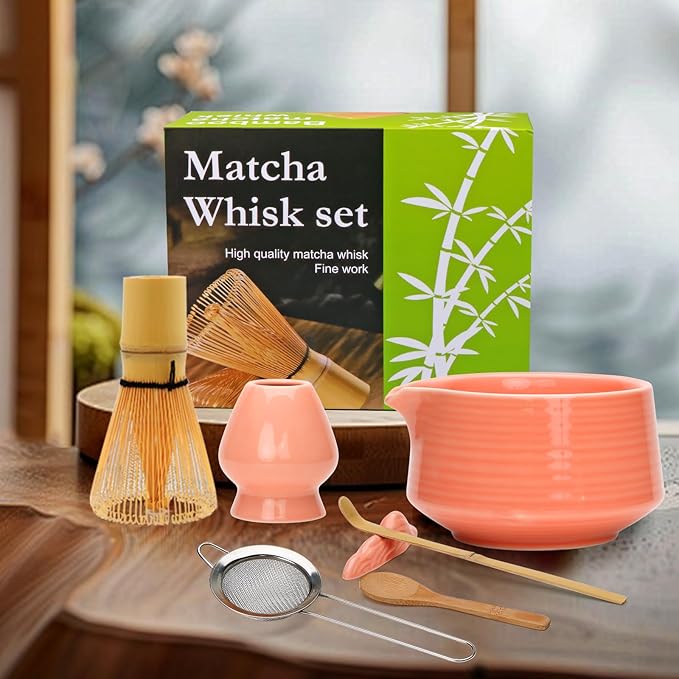 Matcha Whisk Set,7pcs Pink Matcha Set includes Matcha Bowl (19 oz),Bamboo Matcha Whisk and Matcha Scoop,Matcha Whisk Holder,Stainless Steel Sifter,Tea Making Tools,Matcha Kit Gift for Matcha Lovers