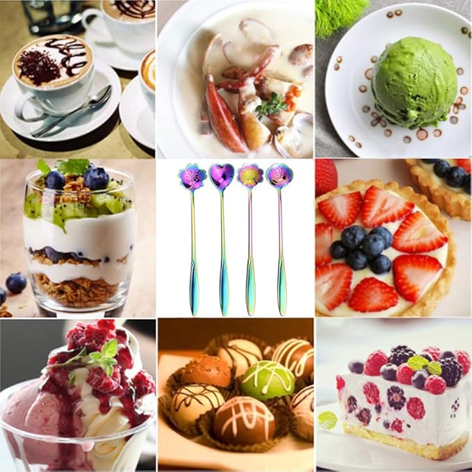Rainbow Stainless Steel Reusable Tea Scoops and Stirring Spoons - Set of 4, Coffee, Mixing, Sugar, Dessert, Cake, Ice Cream Spoons for Tea Party, Dishwasher Safe