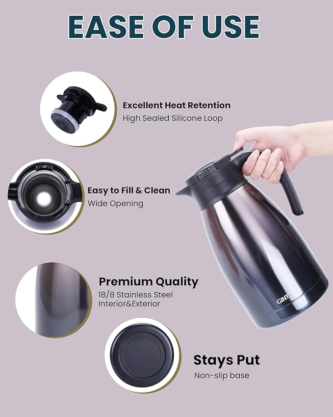 GiNT 2.2L / 74Oz Thermal Coffee Carafe, Insulated Stainless Steel Coffee Carafes for Keeping Hot/Double Walled Vacuum Thermal Carafe (Purple)