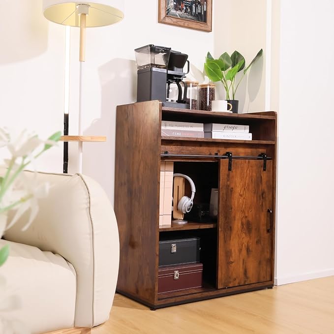 ALBAD Coffee Bar Cabinet/Table, 32" Buffet Sideboard with Sliding Barn Door and Storage Shelves, Farmhouse Wood Kitchen/Accent Storage Cabinet Brown Walaut