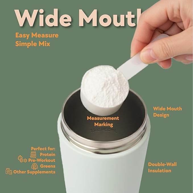 Paradise Shaker Bottle 24 oz, Insulated Stainless Steel Protein Shaker, Dishwasher Safe, with Lid Brush & Protective Boot, Leakproof Twist-Off Chug Cap, Sage Green, Tahoe Mist