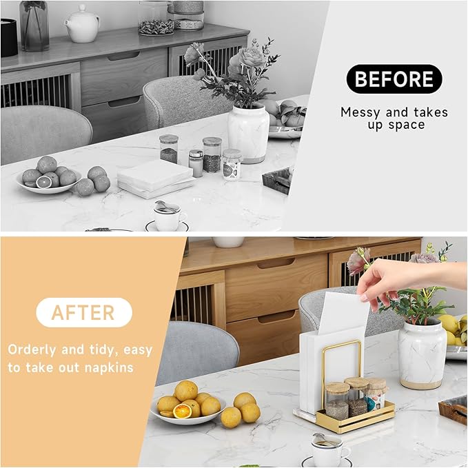 Napkin Holder for Table, Metal Marble Napkin Holder with Salt and Pepper Shakers Caddy, Standing Paper Napkin Storage for Dining Table Kitchen Decor, Marble & Metal Base, Gold