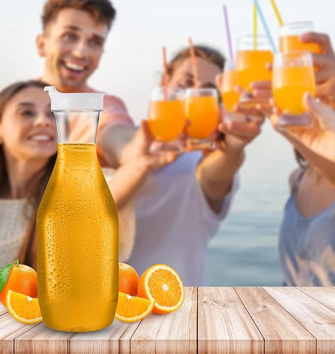 Party Bargains 50 oz. Plastic Carafe with Lids - Clear, 2 Count, White Flip Tab Lid Premium Quality & Heavy Duty Plastic Pitcher for Iced Tea, Powdered Juice, Cold Beverages, Mimosa Bar