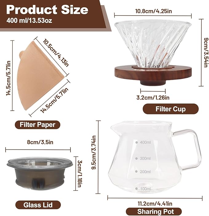 Pour Over Coffee Maker Set 600ml 20.3oz Portable with 100 Pcs Filter Paper Glass Coffee Maker High Borosilicate Glass Eagle Beak Spout Design Walnut Wood Base for Pour Over for Daily Brewing