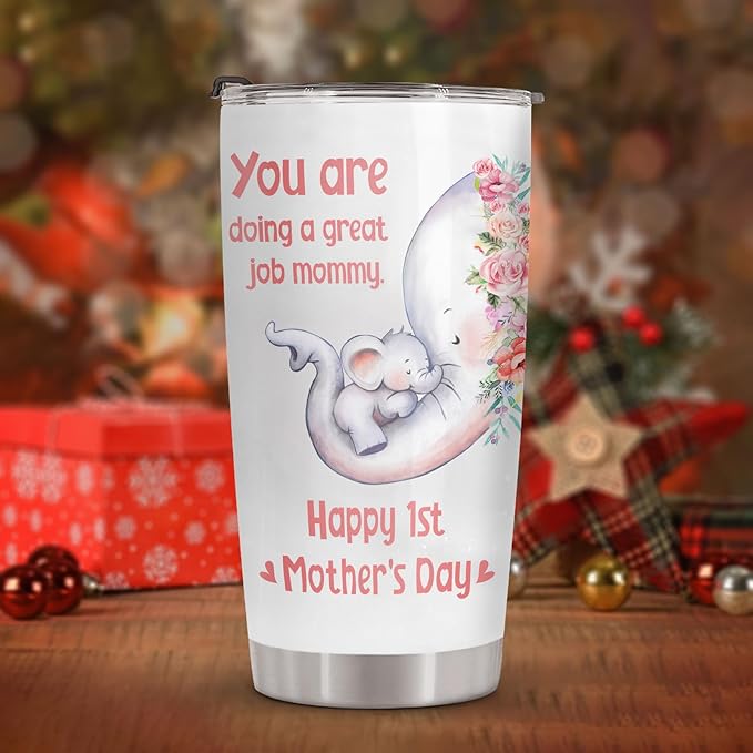 34HD Elephant Mom Tumbler 20oz, Stainless Steel Vacuum Insulated First Mothers Day Mug with Lid, Elephant Gifts for First Time, New, Expecting Mommy, Mother and Child Gifts