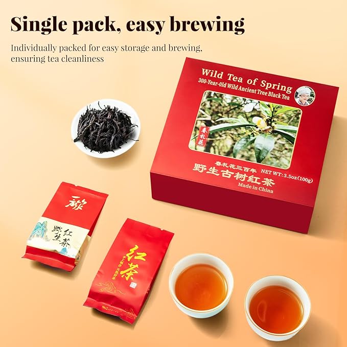 The Spring Tea Premium Grade Wild Tree Black Tea From 300+ Year Old Tree, Loose Leaf Tea, Organic, With Individual Pack, Just harvested in Spring 2025, Exquisite, Handpicked, Gift Package, 3.5oz/100g