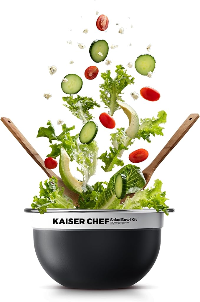 18/8 Stainless Steel Salad Bowl Kit - 74oz, Mixing Bowls with Lids Set, Teakwood - Comes with 1.7oz Condiment Container and Removable Tray for Organization - Leak-Proof, Dishwasher Safe (Black)