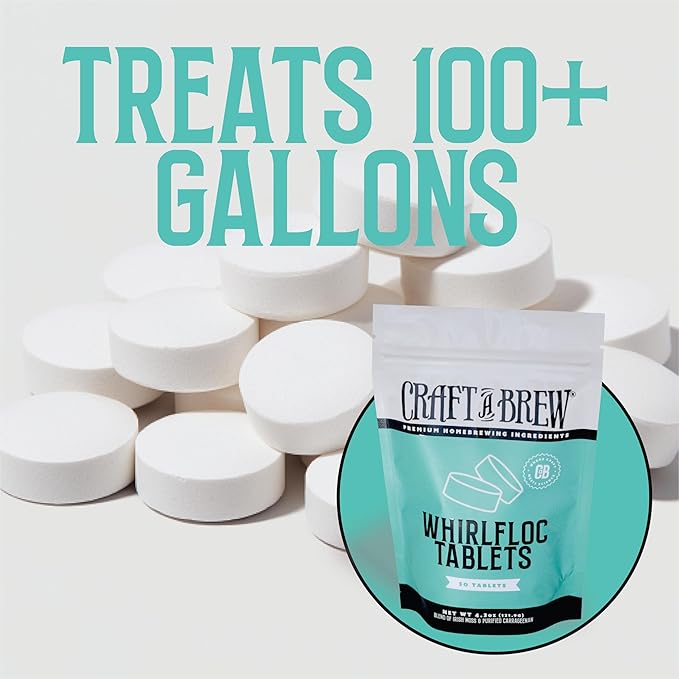 Craft A Brew - Whirlfloc Tablets - Brew Clearer Beer - For At Home Beer Brewing - Reduces Haze of At Home Brewed Beer - Blend of Irish Moss & Purified Carrageenan - Use on Brew Day - 50 Count Tablets