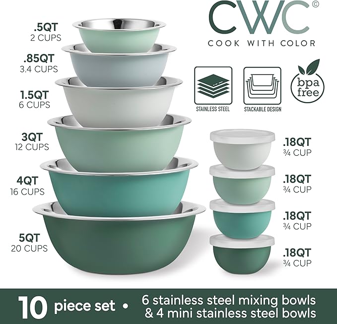 COOK WITH COLOR Stainless Steel Mixing Bowls Set - Nesting Bowls, 14 Pieces, Green