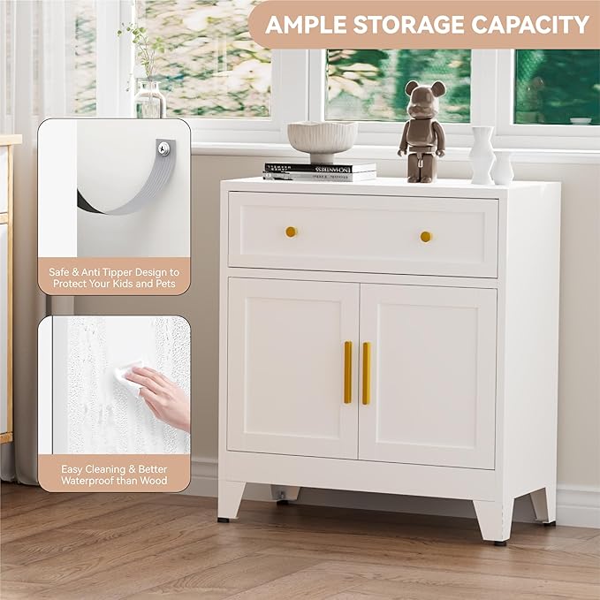 Small Metal Storage Cabinet with Drawer, 35.4" Freestanding Sideboard Cabinets with 2 Doors and Adjustable Shelf, Metal Accent Cabient for Home Office, Dining Room, Living Room, Bathroom, Entryway