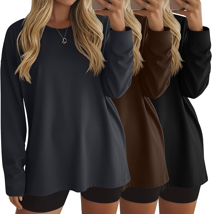 Ficerd 3 Pack Women's Oversized Long Sleeve Shirts Cotton Gym Round Neck Tops Loose Fit Casual Workout Baggy Fall Basic Tee