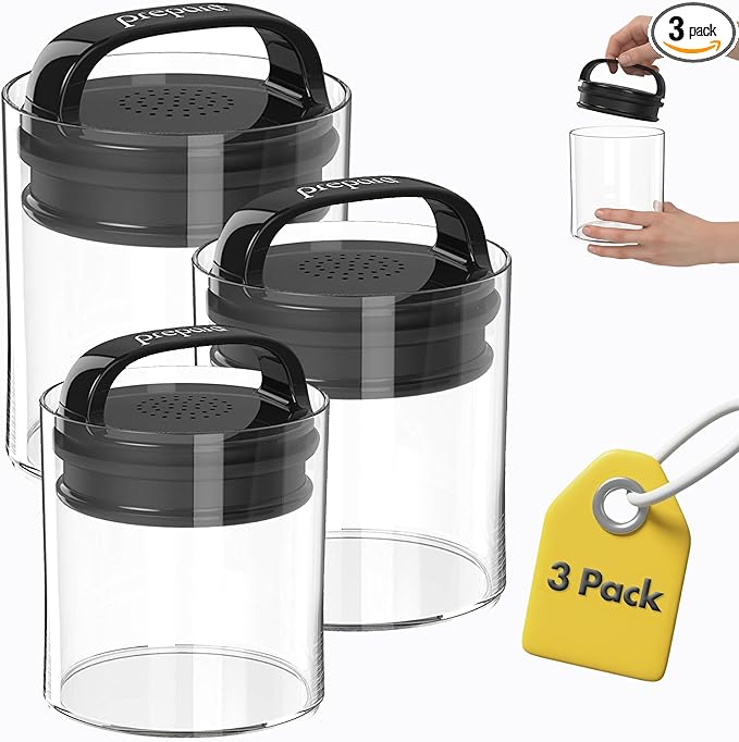Prepara Evak Fresh Saver Short Vacuum Seal Canisters, Assorted Sizes - Grip Handle Lid, BPA Free Twin-Valve Airtight Jar for Coffee, Tea, Snacks - Pantry Organizer & Compact Kitchen Storage (3-Pack)