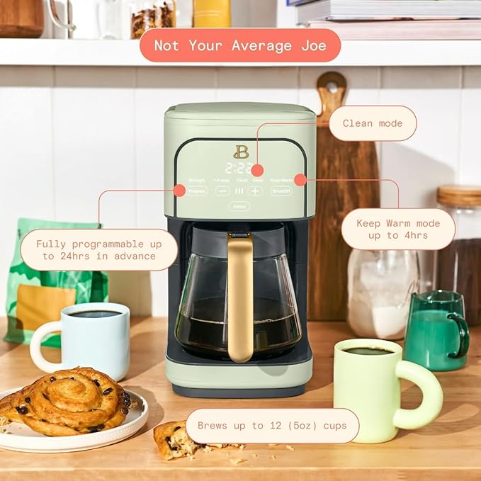Beautiful 12 Cup Programmable Coffee Maker, Drip Coffee Machine with Glass Carafe, Automatic Brew Strength Control, Espresso Maker Function, Compact Espresso Machine (Sage Green)