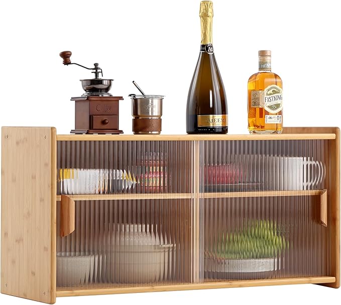 Wall Mounted Bamboo Countertop Storage Cabinet with Glass Door, Hanging Kitchen Cupboard with Adjustable Shelves, Small Pantry Sideboard for Dining Room, Bathroom, Wood