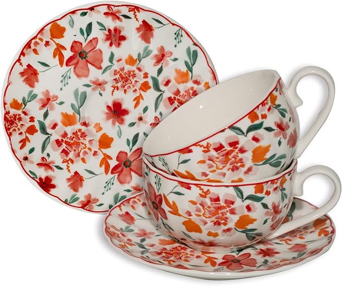 Cups and Saucers Coffee Tea Cups Set of 2 (7.4 oz/ 220ml) Ceramic Cup Espresso Mug Floral Porcelain Vintage Flower Pattern for Gifts, Gatherings, Receptions,Breakfast, Home