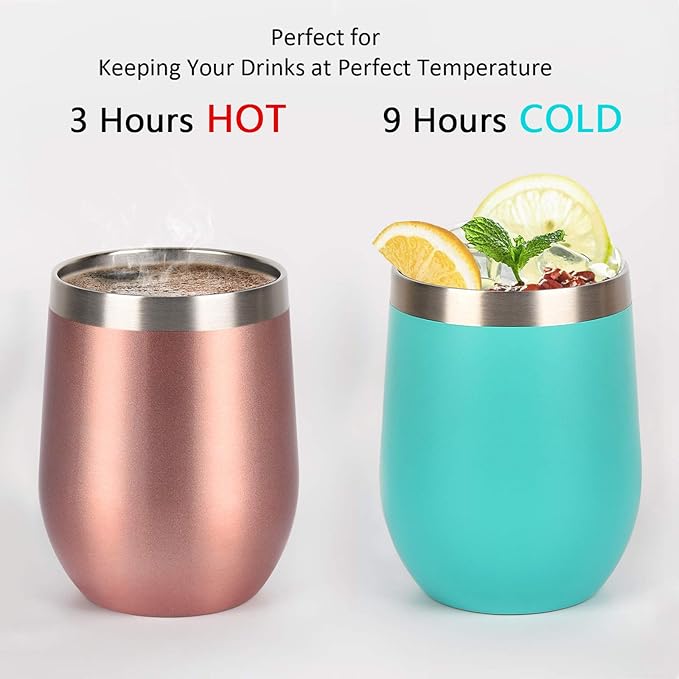 Qtencas 6 Pack Stainless Steel Wine Tumbler Wine Glass, 12 Oz Double Wall Vacuum Insulated Stemless Wine Tumbler with Lid Straw, Set of 6 Cups for Wine, Coffee, Cocktail, Ice Cream, Mix Color