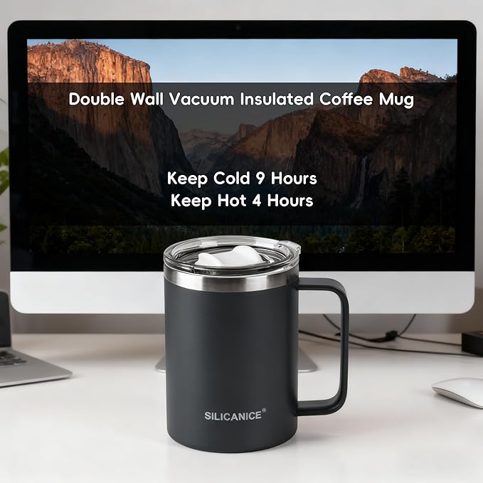 14/24oz Insulated Coffee Mug Cup With Handle, 304 Stainless Steel Vacuum Insulation, Tritan Detachable Slider Lid, BPA Free, Dishwasher Safe - Office & Home - Black