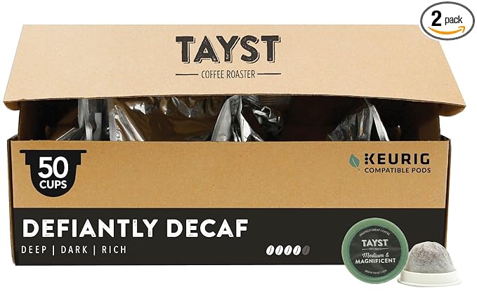 Tayst Coffee Pods, Defiantly Decaf Dark Roast, K Cups Compatible with Keurig Coffee Maker, Sustainable Single Serve, Pack of 50