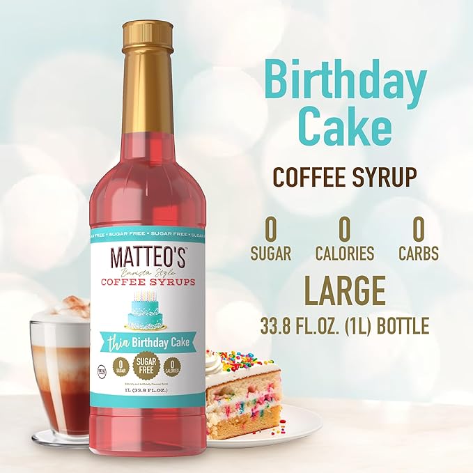 Matteo's Birthday Cake Syrup for Coffee, Lattes, Cappuccinos & Desserts – Sugar-Free Sweetener for Beverages, Keto Friendly, Zero Calories, Indulgent Flavor, Non-Alcoholic, 33.8oz (1pk)