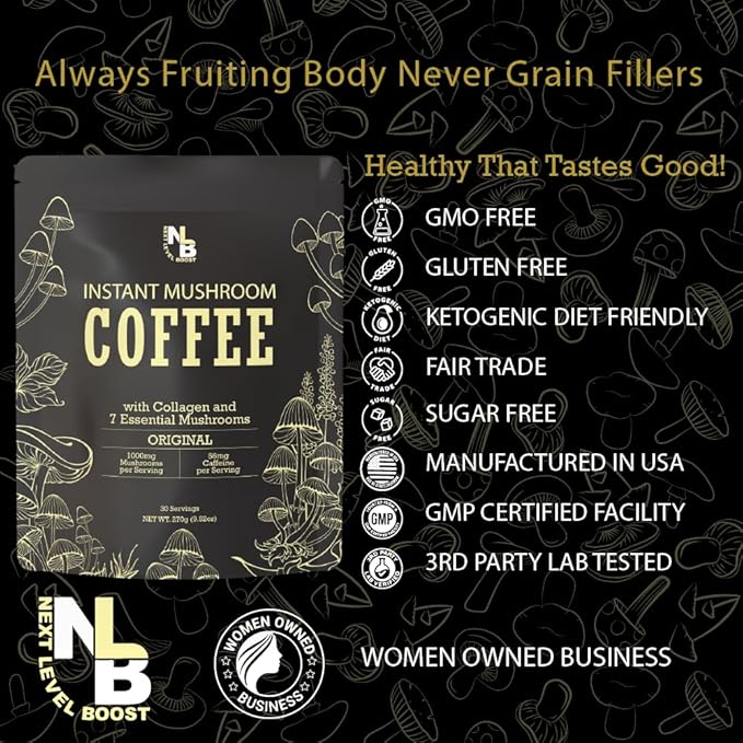 Instant Mushroom Coffee - Organic Mushrooms, 270g, 30 Servings, Next Level Boost's Healthy Everyday Brew Coffee Alternative Mushroom Drink w/ Collagen, Lions Mane, Turkey Tail Coffee Mushroom Alternative