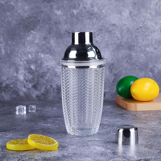 Cocktail Shaker, 14.37oz Mixed Drink Shaker with Glass Cup, Professional Bar Tool with Scale Glass (Hexagon)
