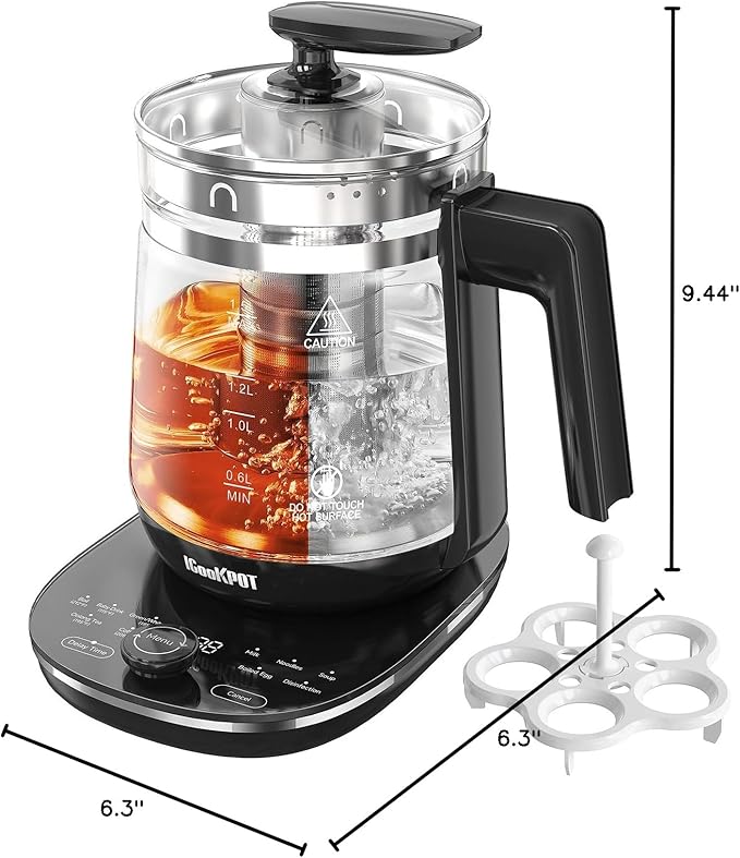 Hot Tea Maker Glass Electric Kettle with Infuser and Temperature Control,1.5L Stainless Steel 1200W Rapid Boiling,Programmable Control for your Favorite Teas and Coffee,Black