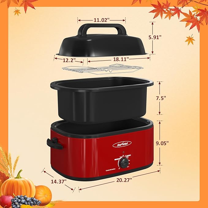 Sunvivi 26 Quart Roaster Oven, Electric Roaster Oven with Glass Lid, Turkey Roaster Buffet with Self-Basting Lid, Removable Pan, Cool-Touch Handles, Red
