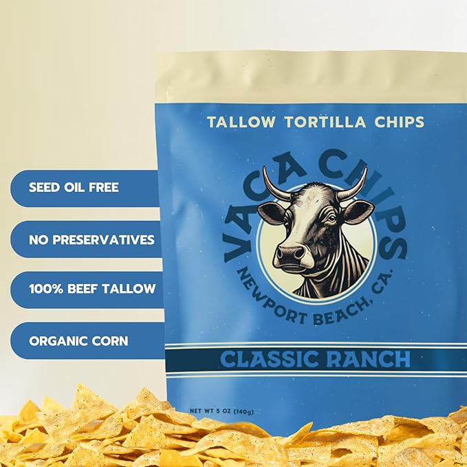 Vaca Chips – Beef Tallow Tortilla Chips, Classic Ranch Flavor – 3 Pack of 5 oz Bags – Seed Oil Free Snack Made with Organic Corn & Clean Ingredients – Gluten Free, No Preservatives, Cooked in Beef Tallow