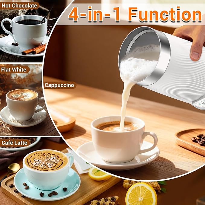 Milk Frother, 4-in-1 Electric Milk Steamer with Warm and Cold Foam Maker, Milk Heater and Warmer Hot & Cold Milk Foamer Maker for Latte Coffee Chocolate