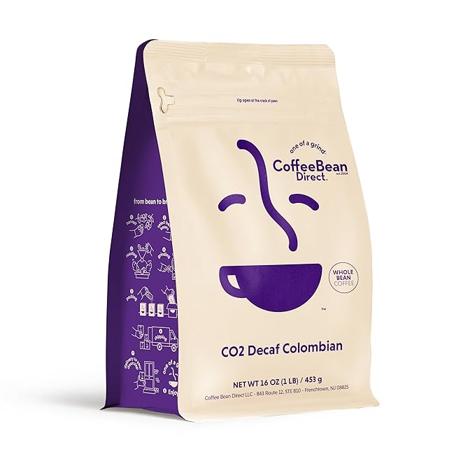 Coffee Bean Direct CO2 Decaf Colombian, Whole Bean Coffee, Light Roast, 1 Pound Bag (Pack of 1)