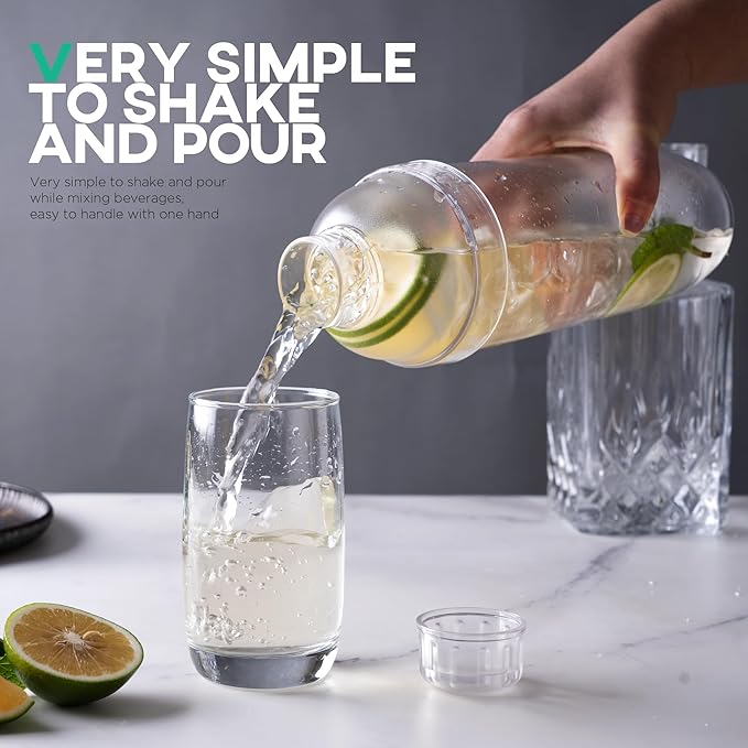 Homestia 2Pcs Plastic Cocktail Shaker with Double Jigger Set, 33oz/1000cc Clear Plastic Bottle Boba Tea Shaker Cup with Scales, Transparent Hand Drink Mixer Cocktail Measuring Cup for Bar Tools