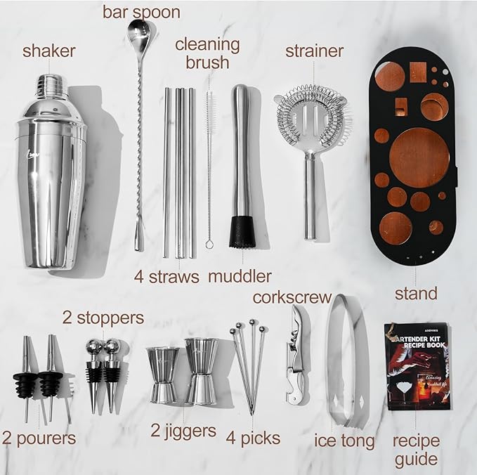23-Piece Bartender Kit, Cocktail Shaker Set with Stand | Bar Drink Mixer Set with All Essential Bar Tools: Martini Shaker, Jigger, Strainer, Pourers, for Home, Bar, Party (Brown-y)